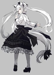 Rule 34 | 1girl, animal ears, black footwear, black ribbon, black skirt, floating hair, fox ears, fox tail, from behind, full body, grey background, high heels, highres, long hair, long sleeves, looking at viewer, looking back, nagishiro mito, original, pantyhose, pipe in mouth, ribbon, shirt, simple background, skirt, smile, smoking pipe, solo, tail, tail ornament, tail ribbon, twintails, very long hair, white hair, white pantyhose, white shirt, yellow eyes