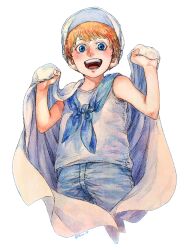 Rule 34 | 1boy, aged down, blanket, blue eyes, blue neckerchief, blue pants, blush, child, cropped legs, eyelashes, hat, highres, looking at viewer, male focus, neckerchief, one piece, open mouth, orange hair, pants, shiso i4, short hair, signature, simple background, solo, teeth, traditional media, white background, white hat, x drake