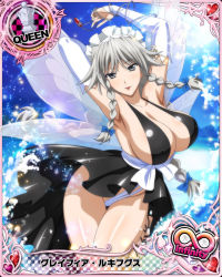 Rule 34 | 10s, 1girl, artist request, braid, breasts, bridal gauntlets, card (medium), character name, chess piece, cleavage, covered erect nipples, dress, fairy wings, grayfia lucifuge, grey eyes, high school dxd, high school dxd infinity, large breasts, lipstick, long hair, looking at viewer, maid headdress, makeup, mature female, official art, queen (chess), red lips, short dress, sideboob, silver hair, solo, trading card, twin braids, wings