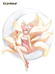 Rule 34 | 1girl, alternate hair color, animal ear fluff, animal ears, ankle bell, arm support, breasts, cleavage cutout, closed mouth, closers, clothing cutout, copyright name, crescent, dot mouth, dress, eunha (closers), expressionless, fingernails, fox ears, fox girl, fox tail, full body, green eyes, hand up, high heels, highres, holding own tail, kitsune, kyuubi, layered dress, logo, long fingernails, long hair, long sleeves, looking at viewer, low twintails, medium breasts, multiple tails, official art, on crescent, pink dress, pink hair, see-through, see-through sleeves, sitting, solo, tail, twintails, two-tone dress, underwear, wedge heels, white background, white footwear, yellow dress, yellow sleeves, yellow tail