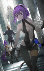 Rule 34 | 1boy, 2girls, armlet, assassin (fate/zero), bare shoulders, belt pouch, black gloves, black hairband, bracelet, breasts, church, cowboy shot, dark-skinned female, dark skin, fate/grand order, fate (series), female assassin (fate/zero), fingerless gloves, gloves, hair between eyes, hairband, hassan of serenity (fate), high ponytail, indoors, jewelry, knife, kotomine kirei, leggings, long hair, looking at another, medium breasts, multiple girls, navel, nine (liuyuhao1992), parted lips, petals, pouch, purple eyes, purple hair, revealing clothes, short hair, sitting, sitting on stairs, stairs, statue, stomach, sunlight, throwing knife, very long hair, weapon