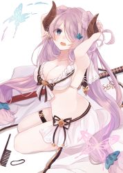 Rule 34 | 10s, 1girl, arms behind head, arms up, bikini, blue eyes, breasts, comb, commentary request, demon horns, draph, closed eyes, front-tie top, granblue fantasy, hair over one eye, horns, katana, large breasts, light purple hair, long hair, looking at viewer, narmaya (granblue fantasy), narmaya (summer) (granblue fantasy), open mouth, pink hair, riruno, simple background, solo, swimsuit, sword, very long hair, weapon, white background, white bikini