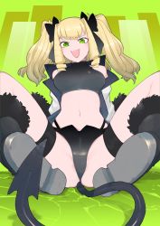 Rule 34 | + +, 1girl, :d, absurdres, ass, bare shoulders, black panties, black shirt, black shorts, blonde hair, boots, bow, breasts, commentary, crop top, crosshair pupils, demon tail, drill hair, giant, giant ojou-sama, giantess, green eyes, hair bow, halterneck, highleg, highleg panties, highres, jacket, looking at viewer, medium breasts, medium hair, micro shorts, midriff, navel, nikukaiq, open clothes, open jacket, open mouth, panties, panties under shorts, reclining, shirt, shorts, sitting, smile, solo, spread legs, stella (giant ojou-sama), symbol-only commentary, tail, thigh strap, thighs, two side up, underwear