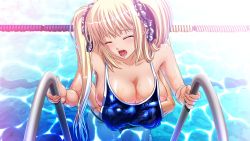 Rule 34 | blonde hair, blush, grabbing another&#039;s breast, breasts, cleavage, closed eyes, grabbing, hand under clothes, huge breasts, kyonyuu majo, one-piece swimsuit, open mouth, pool, saliva, swimsuit, tenma cecile, tongue, twintails, wet