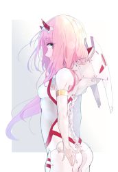 Rule 34 | 10s, 1girl, arm at side, armlet, ass, bodysuit, breasts, commentary, cowboy shot, darling in the franxx, eyelashes, floating hair, from side, gradient background, green eyes, grey background, hairband, highres, horns, hyakunin momoko, light, light particles, long hair, looking to the side, medium breasts, oni horns, pilot suit, pink hair, profile, rectangle, red horns, simple background, solo, standing, straight hair, tareme, white background, white bodysuit, white hairband, zero two (darling in the franxx)