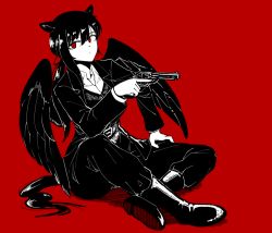 Rule 34 | 1girl, black hair, closed mouth, crossed legs, expressionless, formicid, gun, handgun, highres, holding, holding gun, holding weapon, kurokoma saki, limited palette, long hair, looking at viewer, ponytail, red background, red eyes, revolver, simple background, sitting, solo, touhou, weapon, wily beast and weakest creature