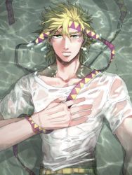 Rule 34 | caesar anthonio zeppeli, facial mark, feather hair ornament, feathers, hair ornament, headband, jojo no kimyou na bouken, male focus, nayuu, partially submerged, shirt, solo, wet, wet clothes, wet shirt