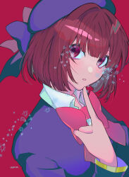 Rule 34 | 1girl, absurdres, arima kana, beret, blue hat, blue vest, blush, bob cut, finger to mouth, hat, hat ribbon, highres, inverted bob, light blush, looking up, open mouth, oshi no ko, pink ribbon, red background, red eyes, red hair, ribbon, shirt, short hair, simple background, solo, star (symbol), upper body, valentine (02140314c), vest, white shirt