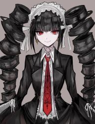 Rule 34 | 1girl, akitsu (davis0527dx), black hair, black jacket, celestia ludenberg, center frills, closed mouth, collared shirt, commentary request, cowboy shot, danganronpa: trigger happy havoc, danganronpa (series), drill hair, earrings, frills, gothic lolita, grey background, highres, jacket, jewelry, lolita fashion, long hair, long sleeves, looking at viewer, necktie, open clothes, open jacket, pale skin, red eyes, red necktie, ribbon, shirt, smile, solo, twin drills, twintails, white shirt