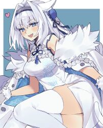 Rule 34 | 1girl, animal ear fluff, animal ears, bare shoulders, blue eyes, blue ribbon, blush, breasts, bun cover, cat ears, cat girl, cat tail, china dress, chinese clothes, cloak, dobrynya nikitich (dream portrait) (fate), dobrynya nikitich (fate), double bun, dress, fate/grand order, fate (series), fur trim, gloves, hair bun, hairband, highres, large breasts, long hair, looking at viewer, low ponytail, open mouth, ribbon, smile, solo, tail, thighhighs, thighs, uxco0, white cloak, white dress, white gloves, white hair, white thighhighs