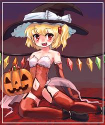 Rule 34 | 1girl, alternate headwear, bare shoulders, blush, clothing cutout, cosplay, elbow gloves, embodiment of scarlet devil, fang, female focus, flandre scarlet, flat chest, garter straps, gloves, hat, homura subaru, jack-o&#039;-lantern, kirisame marisa, kirisame marisa (cosplay), lowres, midriff, navel, navel cutout, no nose, one side up, open mouth, pumpkin, red thighhighs, short hair, side ponytail, sitting, solo, thighhighs, touhou, witch hat