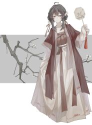 Rule 34 | 1girl, ahoge, aubefleurs, black hair, branch, chinese clothes, closed mouth, collarbone, duijin ruqun, flower, full body, grey background, hair bun, hair flower, hair ornament, hair ribbon, hand fan, hanfu, highres, holding, holding fan, long sleeves, looking at viewer, mole, mole under mouth, paper fan, red eyes, ribbon, sidelocks, sleeves past wrists, smile, solo, standing, tassel, uchiwa, vocaloid, white flower, wide sleeves, yuezheng ling