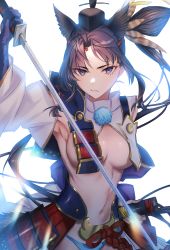 Rule 34 | 1girl, armor, armpits, asymmetrical clothes, asymmetrical sleeves, bare shoulders, black hair, blue eyes, blue gloves, blue panties, breast curtains, breasts, fate/grand order, fate (series), feather hair ornament, feathers, gloves, hair bun, hair ornament, hat, highres, japanese armor, katana, katase bono, kusazuri, large breasts, long hair, looking at viewer, mismatched sleeves, navel, panties, parted bangs, side bun, side ponytail, sidelocks, single side bun, solo, sword, underwear, ushiwakamaru (fate), weapon