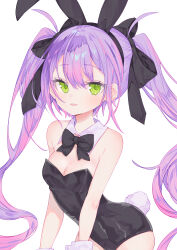 Rule 34 | 1girl, absurdres, animal ears, bare shoulders, black bow, black bowtie, black leotard, bow, bowtie, breasts, cleavage, colored inner hair, covered navel, detached collar, fake animal ears, fake tail, green eyes, hair bow, hair ornament, hand out of frame, highleg, highres, hololive, leaning forward, leotard, long hair, looking at viewer, medium breasts, multicolored hair, multiple hair bows, open mouth, pink hair, playboy bunny, purple hair, rabbit ears, rabbit tail, simple background, smile, solo, strapless, strapless leotard, streaked hair, sumisumire00, tail, tokoyami towa, traditional bowtie, twintails, virtual youtuber, white background, wrist cuffs