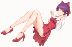 Rule 34 | 1girl, artist name, ass, blush, bow, breasts, dress, floating, full body, gegege no kitarou, gem, hair bow, high heels, kz ripo, legs, long legs, looking at viewer, medium breasts, nekomusume, paw pose, pointy ears, purple hair, red bow, red dress, red footwear, shirt, short dress, short hair, simple background, slit pupils, smile, solo, white shirt, yellow eyes