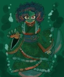 Rule 34 | 1girl, afloat, angry, blue eyes, blue hair, bubble, commentary request, constricted pupils, dark, fingernails, fins, floating, floating hair, floral print, frilled kimono, frills, green theme, head fins, highres, japanese clothes, kimono, komaku juushoku, long fingernails, long sleeves, looking at viewer, matching hair/eyes, obi, pov, pov hands, ribbon, sash, sharp nails, sharp teeth, solo, teeth, touhou, underwater, wakasagihime, wide sleeves