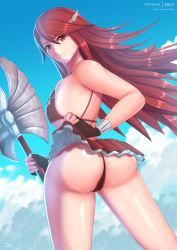 Rule 34 | 1girl, absurdres, ass, bare shoulders, bikini, breasts, cameltoe, clothes lift, cordelia (fire emblem), fingerless gloves, fire emblem, fire emblem awakening, from behind, from below, gloves, hair ornament, halberd, highres, huge ass, long hair, looking at viewer, looking back, looking down, miniskirt, nintendo, polearm, red eyes, red hair, shiny skin, sideboob, skirt, skirt hold, skirt lift, smile, solo, swimsuit, thong, thong bikini, very long hair, weapon, zelc-face