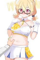 Rule 34 | !?, 1girl, ?, @ @, absurdres, ahoge, belly grab, black-framed eyewear, blonde hair, blue archive, blush, braid, breasts, cleavage, closed mouth, collarbone, cowboy shot, crop top, ear blush, glasses, gloves, hair between eyes, halo, highres, kotori (blue archive), kotori (cheer squad) (blue archive), large breasts, long hair, looking at viewer, midriff, millennium cheerleader outfit (blue archive), miniskirt, muffin top, navel, out of frame, pinching, pleated skirt, plump, red eyes, semi-rimless eyewear, signature, simple background, skirt, solo focus, sweat, tamaki (tamaki-sh), teardrop-framed glasses, triangle halo, twintails, v-shaped eyebrows, white background, white gloves, white skirt, yellow halo