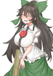 Rule 34 | 1girl, absurdres, arm cannon, black hair, blush, bow, breasts, cape, green bow, green skirt, hair bow, happy, highres, huge breasts, kuraki, long hair, open mouth, reiuji utsuho, shirt, short sleeves, skirt, smile, solo, third eye, touhou, very long hair, weapon, white cape, wings