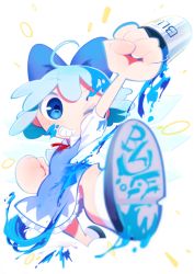 Rule 34 | 1girl, arm up, blue dress, blue eyes, blue hair, blue theme, blurry, blush, chabi (amedama), chibi, cirno, dress, english text, full body, grin, hair ribbon, highres, ice, ice wings, matching hair/eyes, one eye closed, paint, paint splatter, puffy sleeves, ribbon, short hair, short sleeves, simple background, smile, solo, text focus, touhou, white background, wings