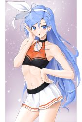 Rule 34 | 1girl, bare arms, bare shoulders, blue eyes, blue hair, chaesu, commentary, cowboy shot, crop top, hair between eyes, hair ribbon, hairband, hand on own hip, hand up, highres, long hair, looking at viewer, midriff, bae minah (chaesu), miniskirt, navel, original, parted lips, ribbon, skirt, sleeveless, solo, standing, stomach, symbol-only commentary, thighs, very long hair, white hairband, white ribbon, white skirt