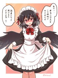 Rule 34 | 1girl, alternate costume, apron, black dress, black hair, black wings, blush, bow, bowtie, commentary request, dress, enmaided, hair ribbon, head tilt, highres, juliet sleeves, long sleeves, looking at viewer, maid, maid apron, maid headdress, open mouth, puffy sleeves, red bow, red bowtie, red eyes, red ribbon, ribbon, shameimaru aya, shitacemayo, skirt hold, solo, standing, sweatdrop, touhou, translation request, twitter username, waist bow, white bow, wings