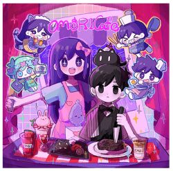 Rule 34 | &gt; &lt;, 2girls, 4boys, apron, aubrey (headspace) (omori), aubrey (omori), basil (headspace) (omori), basil (omori), black bow, black bowtie, black eyes, black hair, bow, bowtie, camera, cat, chef hat, chibi, closed eyes, colored skin, food, forest bunny (omori), fried egg, frying pan, green eyes, green hair, grin, hair bow, hat, head wreath, hero (headspace) (omori), hero (omori), highres, holding, holding camera, holding cooking pot, holding frying pan, holding knife, holding tray, kel (headspace) (omori), kel (omori), knife, long hair, mari (headspace) (omori), mari (omori), mewo, mugi062, multiple boys, multiple girls, omori, omori (omori), parted lips, pet rock, pink apron, pink bow, plate, purple eyes, purple hair, short hair, smile, steak, teeth, tray, white hat, white skin