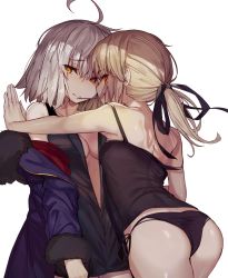 Rule 34 | 2girls, ahoge, akieda, armpits, artoria pendragon (all), artoria pendragon (fate), ass, back, black camisole, black dress, black panties, black ribbon, blonde hair, blue coat, breasts, camisole, center opening, cleavage, coat, commentary request, cowboy shot, dress, dress tug, fate/grand order, fate (series), food, food in mouth, from behind, fur-trimmed coat, fur trim, furrowed brow, hair between eyes, hair ribbon, hand on wall, highres, hood, hooded coat, jeanne d&#039;arc (fate), jeanne d&#039;arc alter (fate), jeanne d&#039;arc alter (ver. shinjuku 1999) (fate), kabedon, leaning forward, looking at viewer, looking away, looking back, medium breasts, medium hair, multiple girls, nape, no bra, no nose, no pants, off shoulder, official alternate costume, orange eyes, orange pupils, outstretched arm, panties, pocky, ponytail, ribbon, saber alter, saber alter (ver. shinjuku 1999) (fate), see-through, shiny skin, short dress, short hair, side-tie panties, sidelocks, silver hair, sleeveless, small breasts, standing, strap slip, thighs, underwear, underwear only, white background, yuri