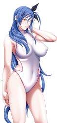 Rule 34 | 1girl, blue hair, breasts, choker, game cg, hair ribbon, ikazaki reia, large breasts, legs, long hair, looking at viewer, p/a: potential ability, ribbon, see-through, sei shoujo, simple background, solo, standing, swimsuit, thighs, white background, yellow eyes
