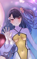 Rule 34 | 2girls, :o, afloat, asymmetrical bangs, bare arms, bare shoulders, bikini, black hair, blush, breasts, brown hair, casual one-piece swimsuit, closed mouth, collarbone, covered navel, from above, hair ornament, hair scrunchie, heart, heart hair ornament, holding hands, large breasts, long hair, looking at viewer, multiple girls, one-piece swimsuit, one side up, original, parted lips, partially submerged, red bikini, red eyes, ribbon, scrunchie, side-tie bikini bottom, small breasts, smile, solo focus, swimsuit, tokuno yuika, upper body, white ribbon, yellow one-piece swimsuit