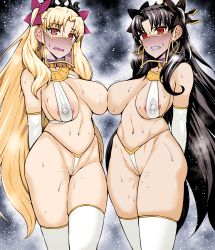 Rule 34 | 2girls, angry, ankoman, areola slip, black hair, blonde hair, blush, breasts, colorized, earrings, embarrassed, ereshkigal (fate), fate/grand order, fate (series), harem outfit, highres, hoop earrings, ishtar (fate), jewelry, large breasts, long hair, matching outfits, mouth veil, multiple girls, nipples, red eyes, revealing clothes, ribbon, siblings, sisters, thick thighs, thighhighs, thighs, third-party edit, veil, very long hair, white legwear