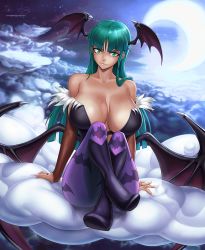 Rule 34 | &gt;:), 1girl, above clouds, animal print, arm support, backlighting, bare shoulders, bat print, bat wings, black footwear, boots, breasts, bridal gauntlets, capcom, cleavage, closed mouth, clothing cutout, cloud, collarbone, crescent moon, crossed ankles, demon girl, foreshortening, full body, green eyes, green hair, head wings, heart cutout, high heel boots, high heels, hybridmink, large breasts, long hair, looking at viewer, low wings, moon, morrigan aensland, night, pantyhose, print pantyhose, purple pantyhose, sitting, smile, solo, v-shaped eyebrows, vampire (game), wings