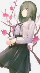 Rule 34 | 1girl, absurdres, black pantyhose, black ribbon, black skirt, branch, breasts, center frills, character request, check character, collared shirt, commentary request, flower, flowers (innocent grey), frills, green eyes, green hair, grey background, highres, jacket, kobuta, long sleeves, looking at viewer, medium breasts, neck ribbon, open clothes, open jacket, pantyhose, parted lips, pink flower, ribbon, shirt, simple background, skirt, solo, standing, takasaki chidori, white jacket, white shirt