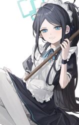 Rule 34 | 1girl, apron, aris (blue archive), aris (maid) (blue archive), black dress, black hair, blue archive, blue eyes, cjsdh1000, dress, halo, highres, holding, long hair, looking at viewer, maid, maid headdress, official alternate costume, panties, pantyhose, ponytail, short sleeves, sidelocks, simple background, sitting, solo, underwear, very long hair, white apron, white background, white panties