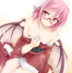 Rule 34 | 1girl, alternate costume, animal ears, areola slip, bad id, bad pixiv id, bare legs, bare shoulders, bespectacled, blush, breasts, cleavage, collarbone, face, female focus, from above, frown, glasses, head scarf, japanese clothes, kimono, looking up, medium breasts, mystia lorelei, off shoulder, ogami kazuki, okamisty, pink hair, red-framed eyewear, red eyes, short hair, solo, tabi, touhou, undressing, wings