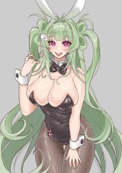 Rule 34 | 1girl, :d, animal ears, antenna hair, black bow, black bowtie, black leotard, blush, bowtie, breasts, brown pantyhose, c1nist3r, detached collar, fake animal ears, goddess of victory: nikke, green hair, green nails, heart antenna hair, highleg, highleg leotard, large breasts, leotard, long hair, mole, mole on breast, nail polish, open mouth, pantyhose, pink eyes, playboy bunny, rabbit ears, smile, soda (nikke), soda (twinkling bunny) (nikke), solo, strapless, strapless leotard, thigh gap, twintails, wrist cuffs