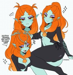 Rule 34 | 1girl, absurdres, artist name, blue skin, breasts, cleavage, colored sclera, colored skin, cremanata, english text, eyeshadow, fang, grid background, highres, long hair, makeup, medium breasts, midna, midna (true), multiple views, nintendo, open mouth, orange hair, pointy ears, purple eyeshadow, red eyes, smile, sparkle, teeth, the legend of zelda, the legend of zelda: twilight princess, upper teeth only, yellow sclera