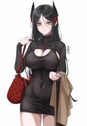 Rule 34 | 1girl, absurdres, arknights, bag, black dress, black hair, black horns, breasts, cleavage, closed mouth, commentary, covered navel, cowboy shot, dress, hair between eyes, highres, horns, ines (arknights), jewelry, large breasts, long hair, long sleeves, looking at viewer, mildt, mole, mole under eye, necklace, red bag, shoulder bag, sidelocks, simple background, solo, star (symbol), sweater, turtleneck, turtleneck sweater, twitter username, white background, yellow eyes
