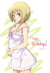 Rule 34 | 1girl, :o, blonde hair, blush, breasts, cleavage, dated, english text, happy birthday, ichii yui, large breasts, looking at viewer, medium hair, mel (melty pot), open mouth, pink ribbon, ribbon, solo, text focus, yellow eyes, yuyushiki