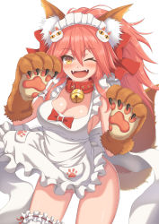 Rule 34 | 1girl, ;d, absurdres, animal hands, apron, bell, blush, breasts, cat hair ornament, cat tail, claws, cleavage, collar, collarbone, commentary request, fangs, fate/grand order, fate (series), hair ornament, highres, long hair, looking at viewer, maid headdress, medium breasts, neck bell, one eye closed, open mouth, pink hair, ponytail, simple background, smile, solo, standing, tail, tamamo (fate), tamamo cat (fate), tamamo cat (third ascension) (fate), tamamo no mae (fate/extra), white background, yellow eyes, yuki7128