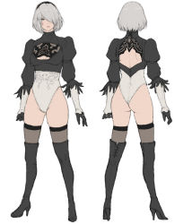 Rule 34 | 1girl, android, ass, black thighhighs, boots, breasts, cleavage, cleavage cutout, clothing cutout, hair over one eye, high heel boots, high heels, highres, iwauchi tomoki, legs apart, leotard, lips, mole, mole under mouth, multiple views, nier (series), nier:automata, short hair, simple background, standing, thigh boots, thighhighs, white background, white hair, 2b (nier:automata)