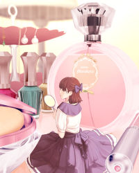 Rule 34 | 1girl, blurry, blurry background, bottle, bow, brown eyes, brown hair, closed mouth, commentary, cosmetics, depth of field, from behind, hair bow, holding, lipstick tube, long skirt, looking at viewer, looking back, mirror, munakata (hisahige), original, perfume bottle, pleated skirt, purple bow, purple skirt, short sleeves, sitting, skirt, solo
