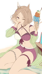 Rule 34 | 1girl, animal ears, bikini, blush, breasts, cleavage, detached sleeves, feet out of frame, food, hands up, highres, holding, holding food, horse ears, horse girl, horse tail, ice cream, licking, light brown hair, looking at viewer, male swimwear, medium breasts, narita top road (umamusume), navel, one eye closed, open mouth, purple bikini, see-through, see-through sleeves, short hair, sitting, solo, sweatdrop, swim trunks, swimsuit, tail, thigh strap, tongue, tongue out, umamusume, v, white background, yatsuka (846), yellow eyes, yokozuwari