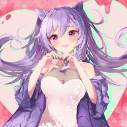 Rule 34 | 1girl, :d, bare shoulders, commentary request, cone hair bun, dress, elphe, genshin impact, hair bun, hands up, heart, heart hands, highres, jacket, keqing (genshin impact), long hair, long sleeves, looking at viewer, off shoulder, open clothes, open jacket, open mouth, purple eyes, purple hair, purple jacket, smile, solo, twintails, very long hair, white dress