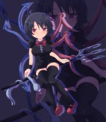 Rule 34 | 1girl, ahoge, asymmetrical wings, black dress, black hair, black thighhighs, blush, bow, breasts, covered erect nipples, curvy, dress, female focus, houjuu nue, impossible clothes, impossible shirt, large breasts, niyadepa, panties, pantyshot, polearm, red eyes, shirt, short hair, sitting, smile, snake, solo, spear, thighhighs, touhou, trident, underwear, weapon, wings, zettai ryouiki, zoom layer