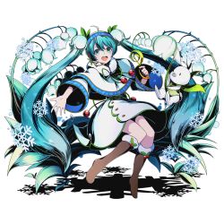 Rule 34 | 10s, 1girl, absurdly long hair, alpha transparency, blue eyes, blue hair, blue hairband, boots, brown footwear, capelet, divine gate, full body, fur-trimmed boots, fur trim, hair ornament, hairband, hatsune miku, holding, knee boots, long hair, official art, open mouth, outstretched arm, santa boots, snowflakes, solo, transparent background, twintails, ucmm, very long hair, vocaloid, yuki miku, yukine (vocaloid)