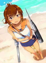 Rule 34 | 10s, 1girl, a.nori, artist name, beach, blouse, brown eyes, brown hair, day, gun, i-401 (kancolle), kantai collection, personification, ponytail, school swimsuit, shirt, short hair, sleeveless, sleeveless shirt, smile, solo, standing, swimsuit, swimsuit under clothes, weapon, white shirt