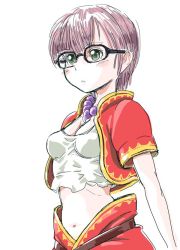 Rule 34 | 1girl, breasts, chrono cross, chrono trigger, cosplay, crop top, glasses, jewelry, kid (chrono cross), lucca ashtear, medium breasts, midriff, navel, necklace, purple hair, s-a-murai, short hair, simple background, solo, white background