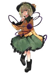 Rule 34 | 1girl, asuzemu, bad id, bad twitter id, black footwear, black hat, boots, bow, finger to face, floral print, frilled shirt collar, frills, full body, green eyes, green hair, green skirt, grin, hat, hat bow, head tilt, heart, heart of string, highres, komeiji koishi, long sleeves, looking at viewer, petticoat, shirt, short hair, simple background, skirt, sleeves past fingers, sleeves past wrists, smile, solo, standing, standing on one leg, third eye, touhou, white background, wide sleeves, yellow bow, yellow shirt