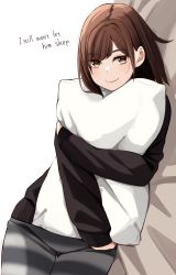 Rule 34 | 1girl, alternate language, bed sheet, black shirt, blush, bob cut, brown eyes, brown hair, closed mouth, cowboy shot, english text, gluteal fold, grey pants, highres, kapatarou, long sleeves, looking at viewer, lying, hugging object, on side, original, pants, pillow, pillow hug, shirt, simple background, sleeves past wrists, smile, solo, thick eyebrows, white background